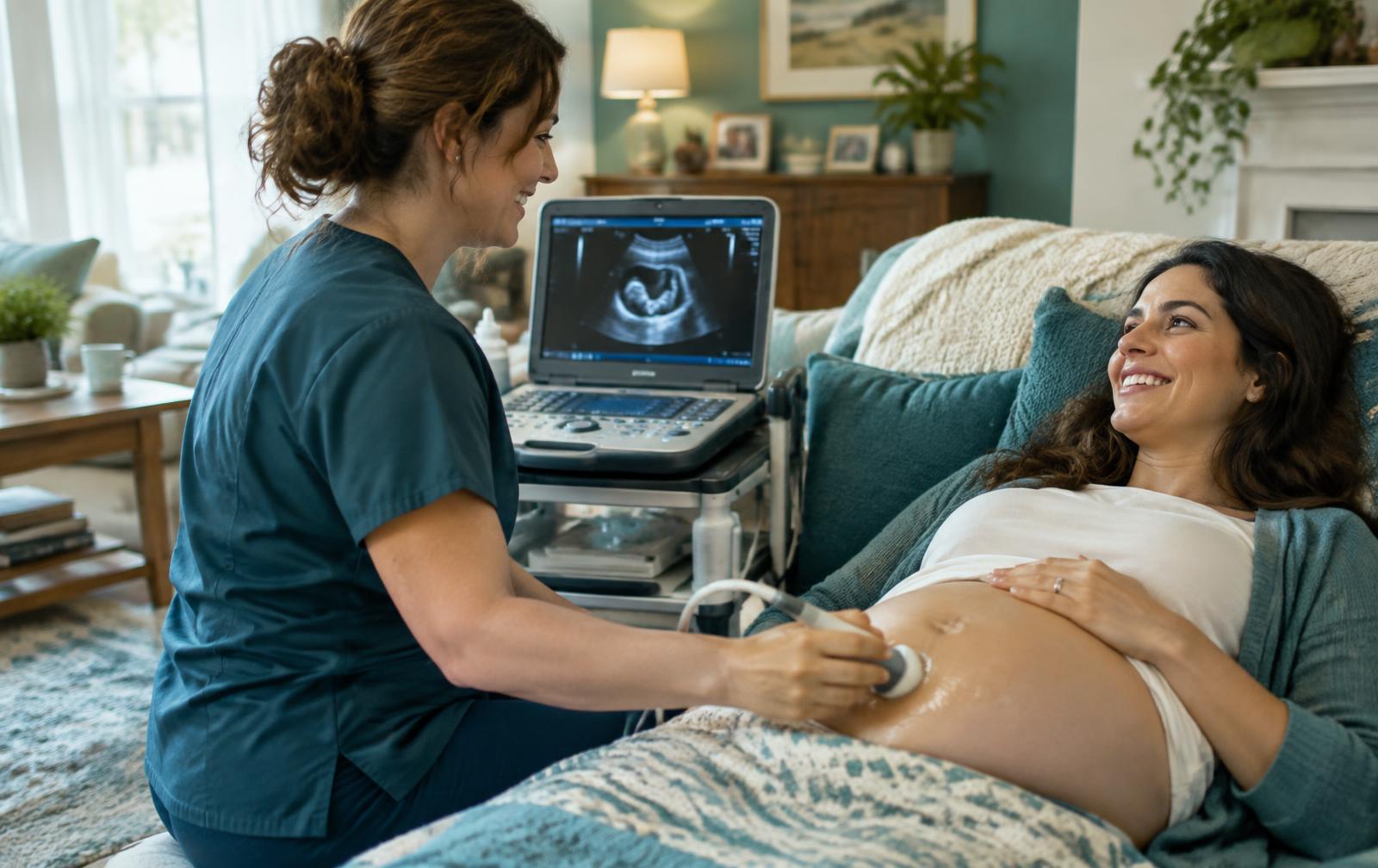 Sonographer performing a mobile ultrasound at home